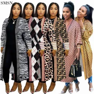 2023 Long Threaded Sleeves Print Womens Fall Coats Cardigan Long Coat For Women