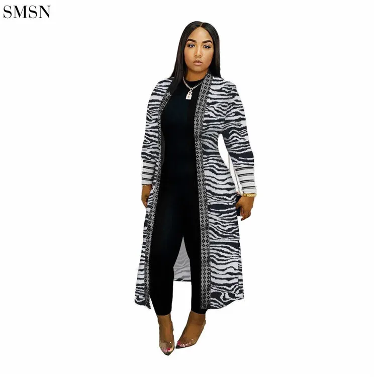 2023 Long Threaded Sleeves Print Womens Fall Coats Cardigan Long Coat For Women