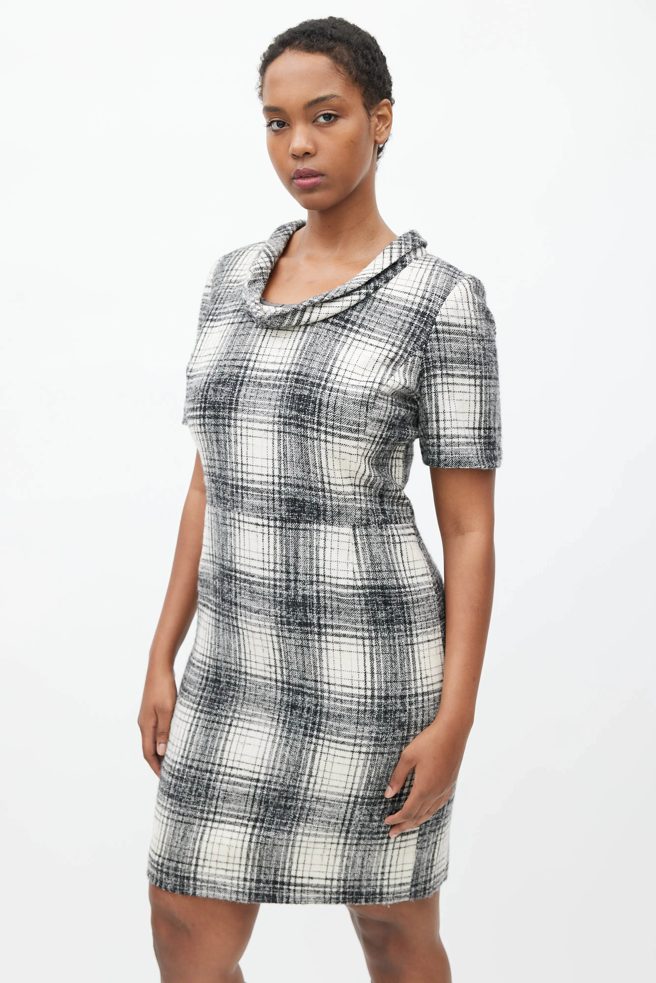 Black & White Plaid Cowl Dress