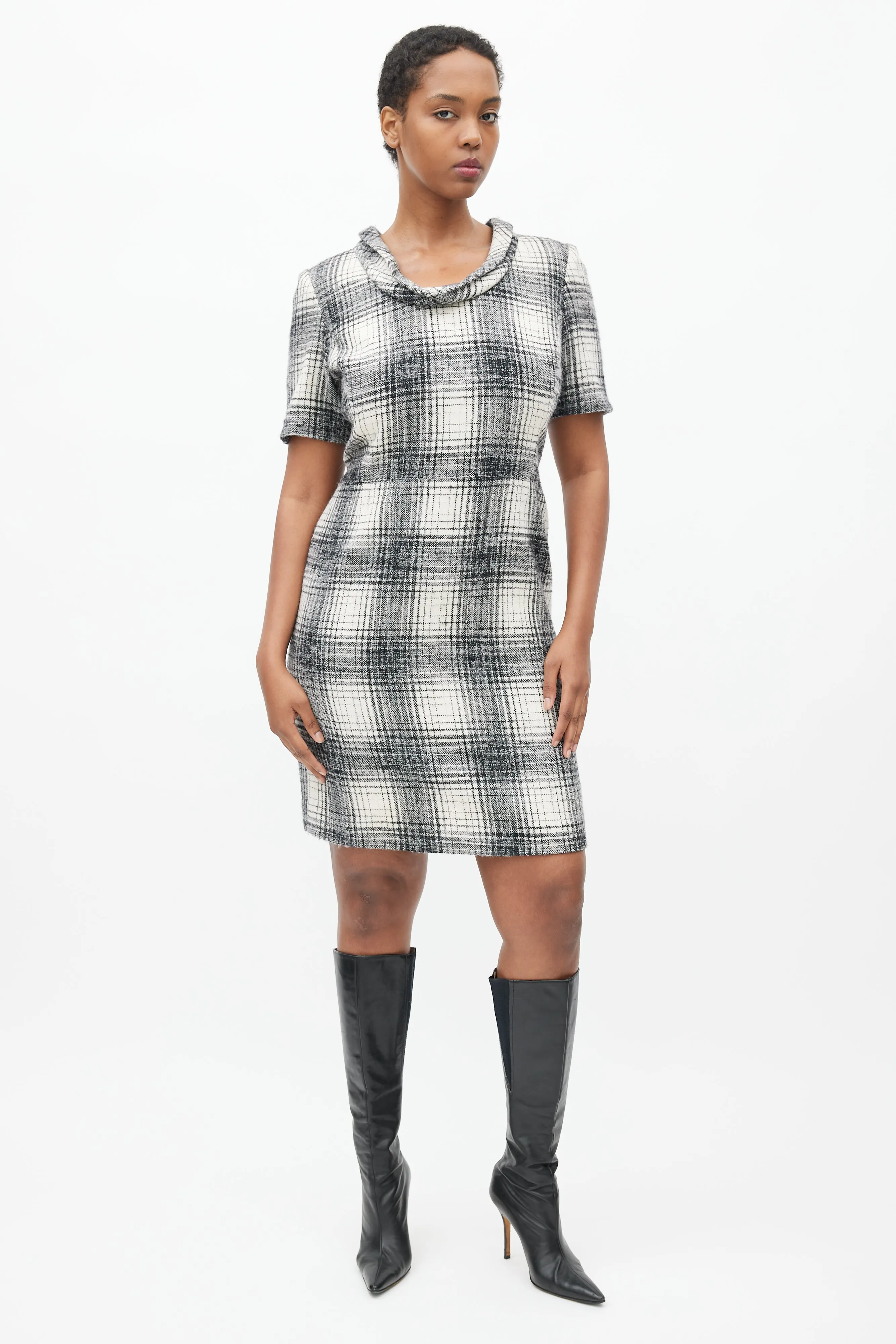 Black & White Plaid Cowl Dress