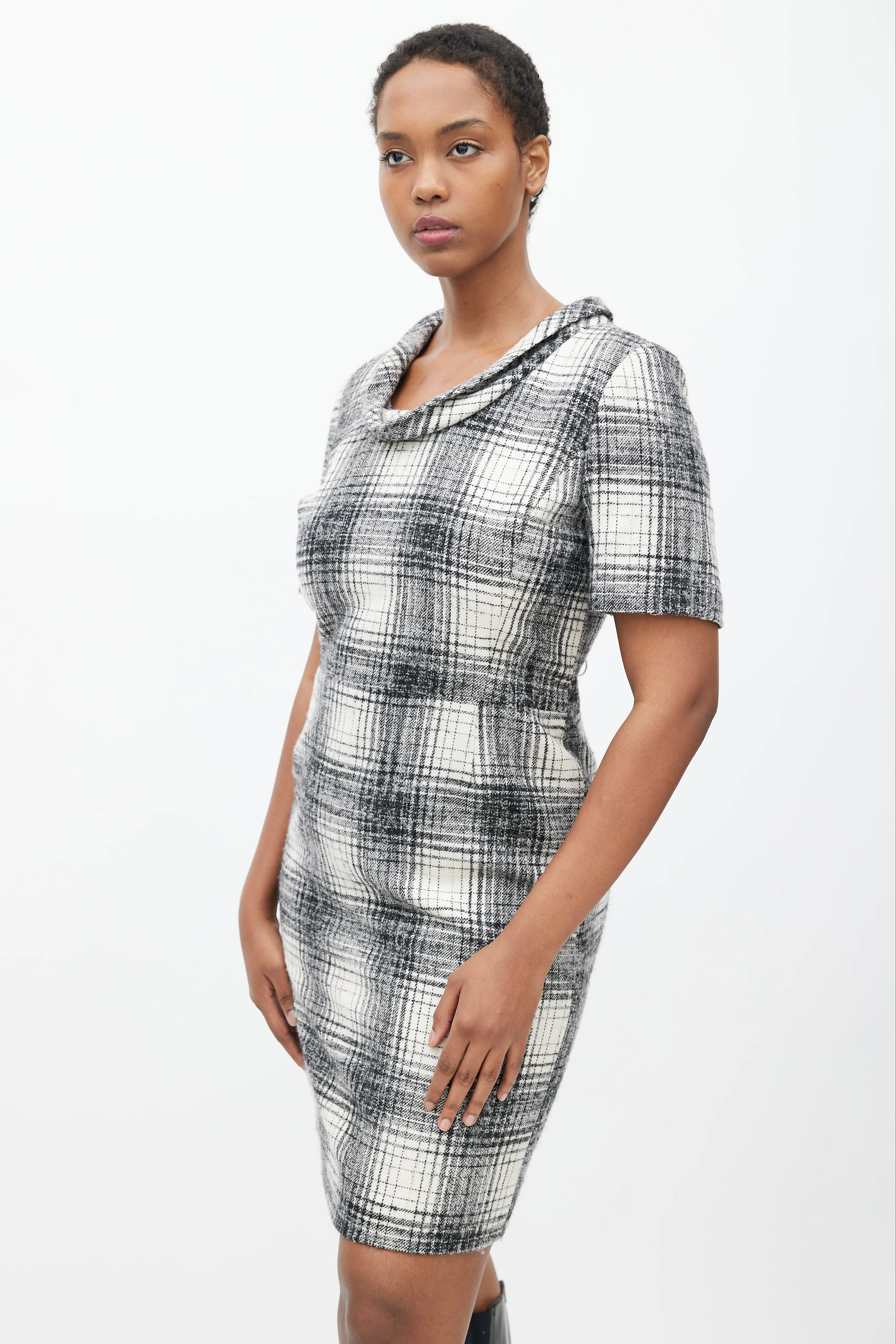 Black & White Plaid Cowl Dress