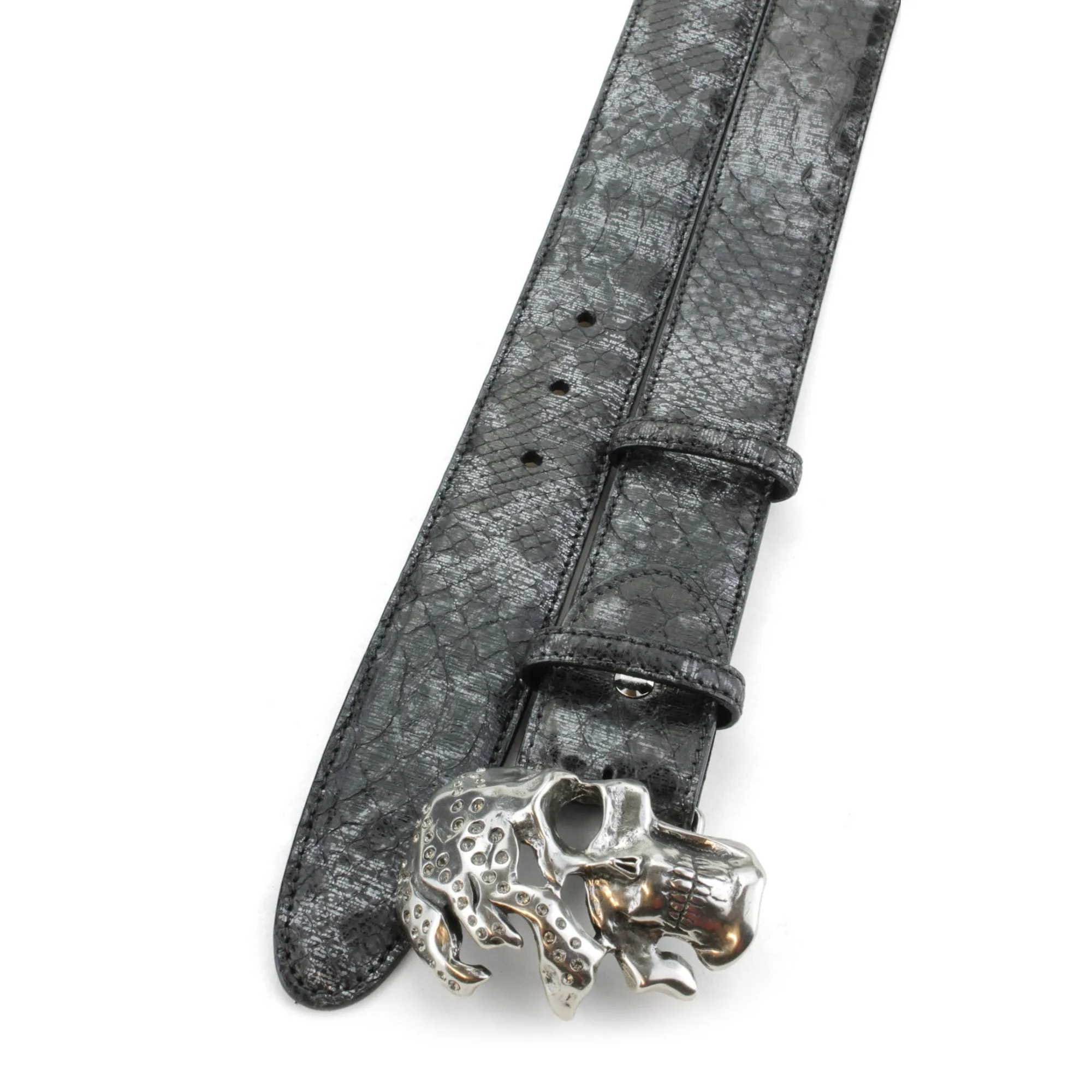 Black Death Metallic Genuine Python Skull Belt