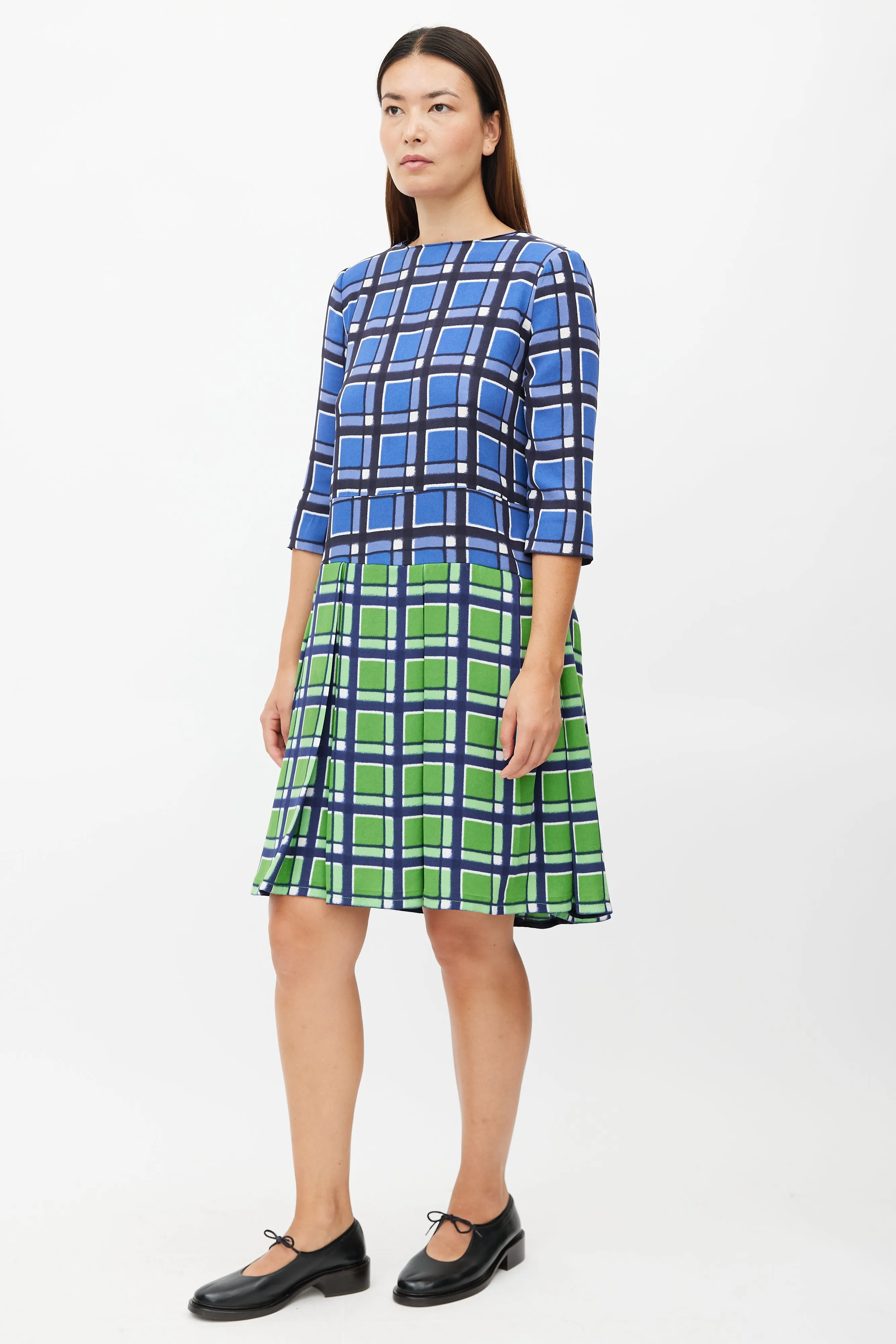 Blue & Green Plaid Pleated Dress