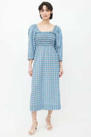 Blue & White Plaid Smocked Midi Dress