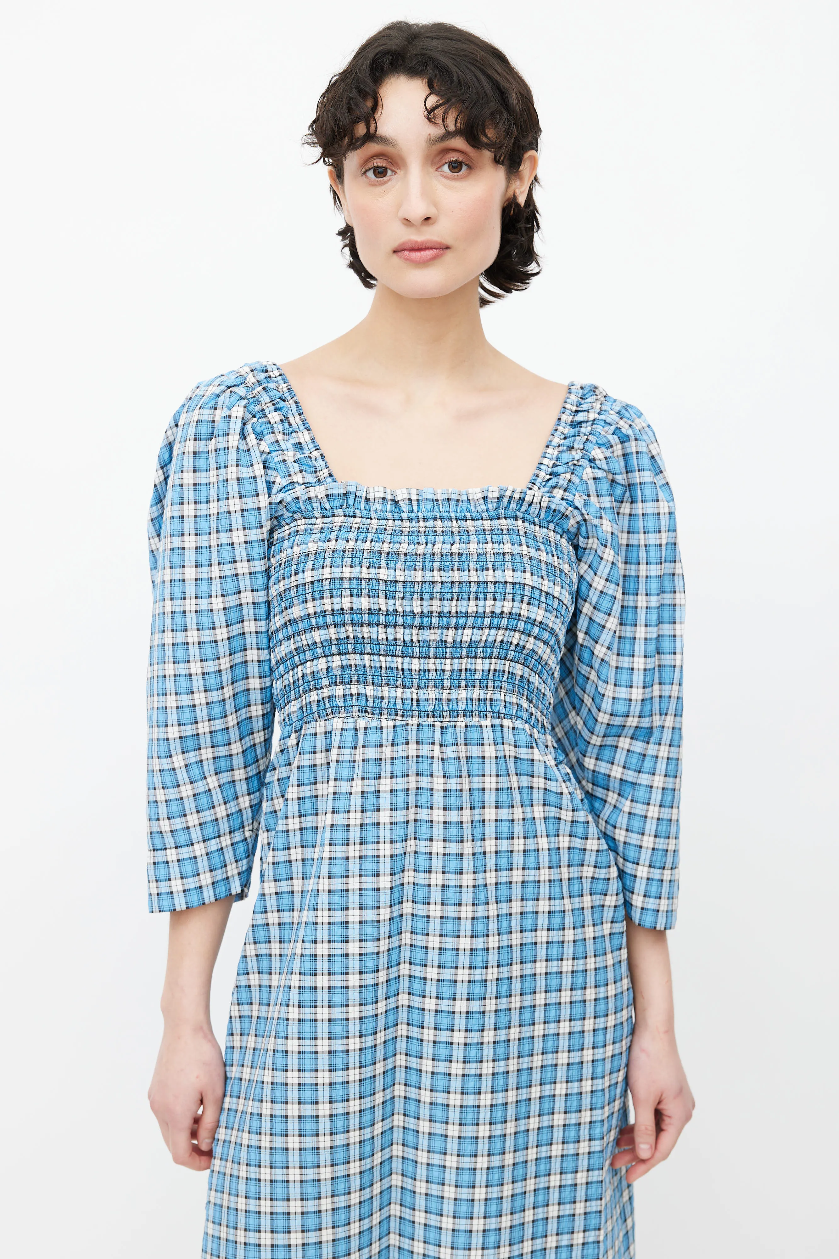 Blue & White Plaid Smocked Midi Dress