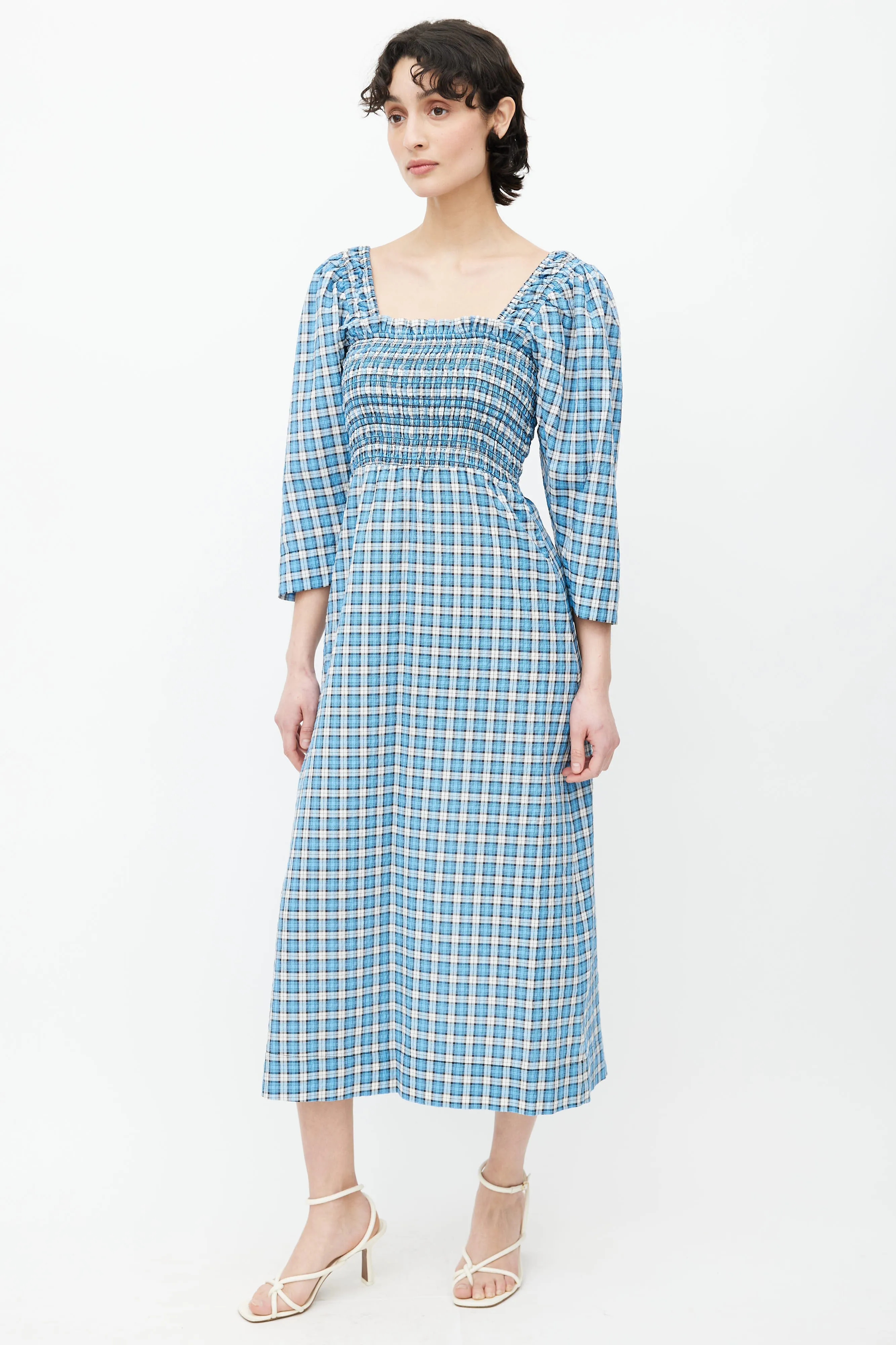 Blue & White Plaid Smocked Midi Dress