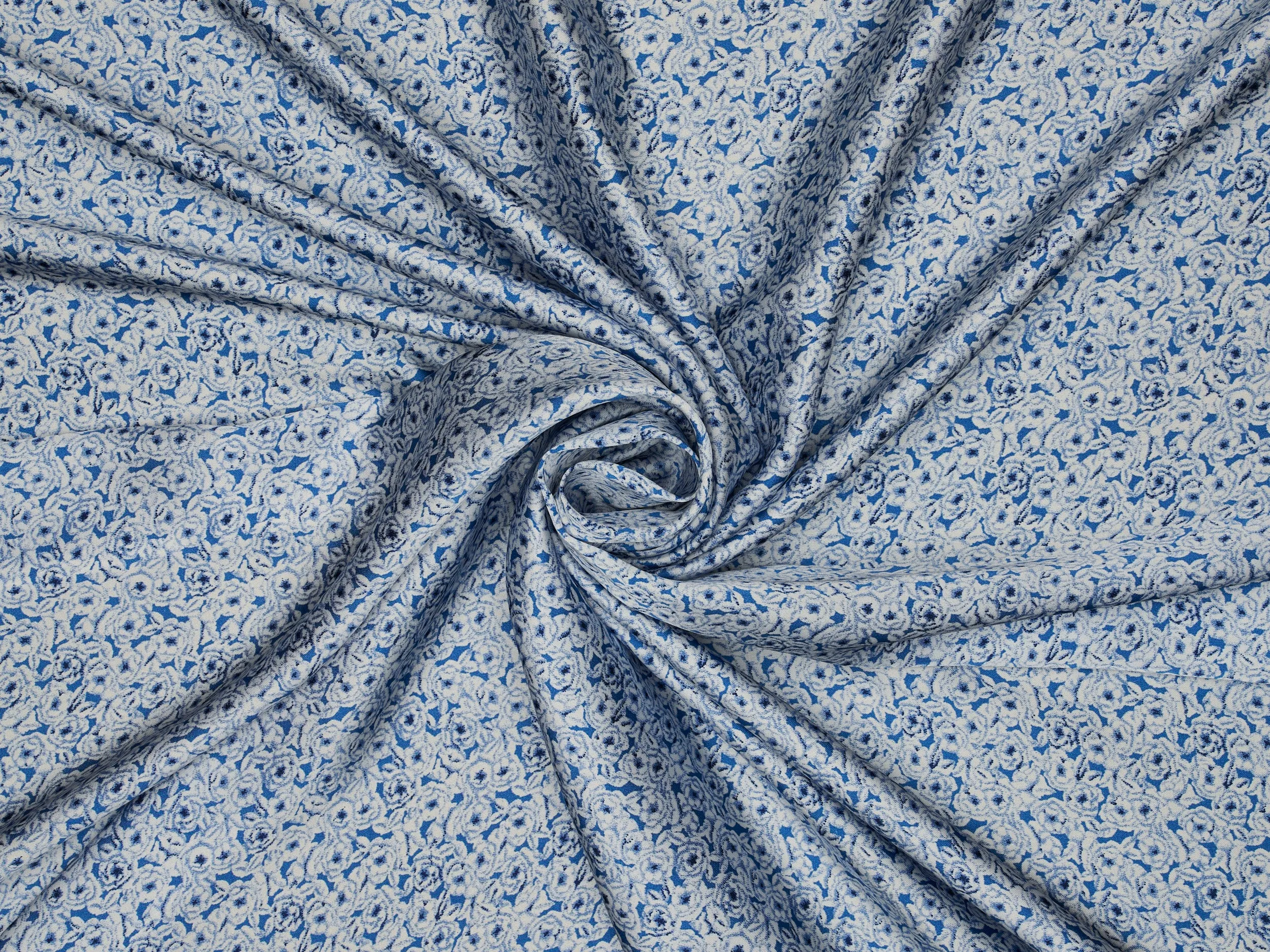 Blue small floral monotone pattern print silky satin Lightweight   fabric -