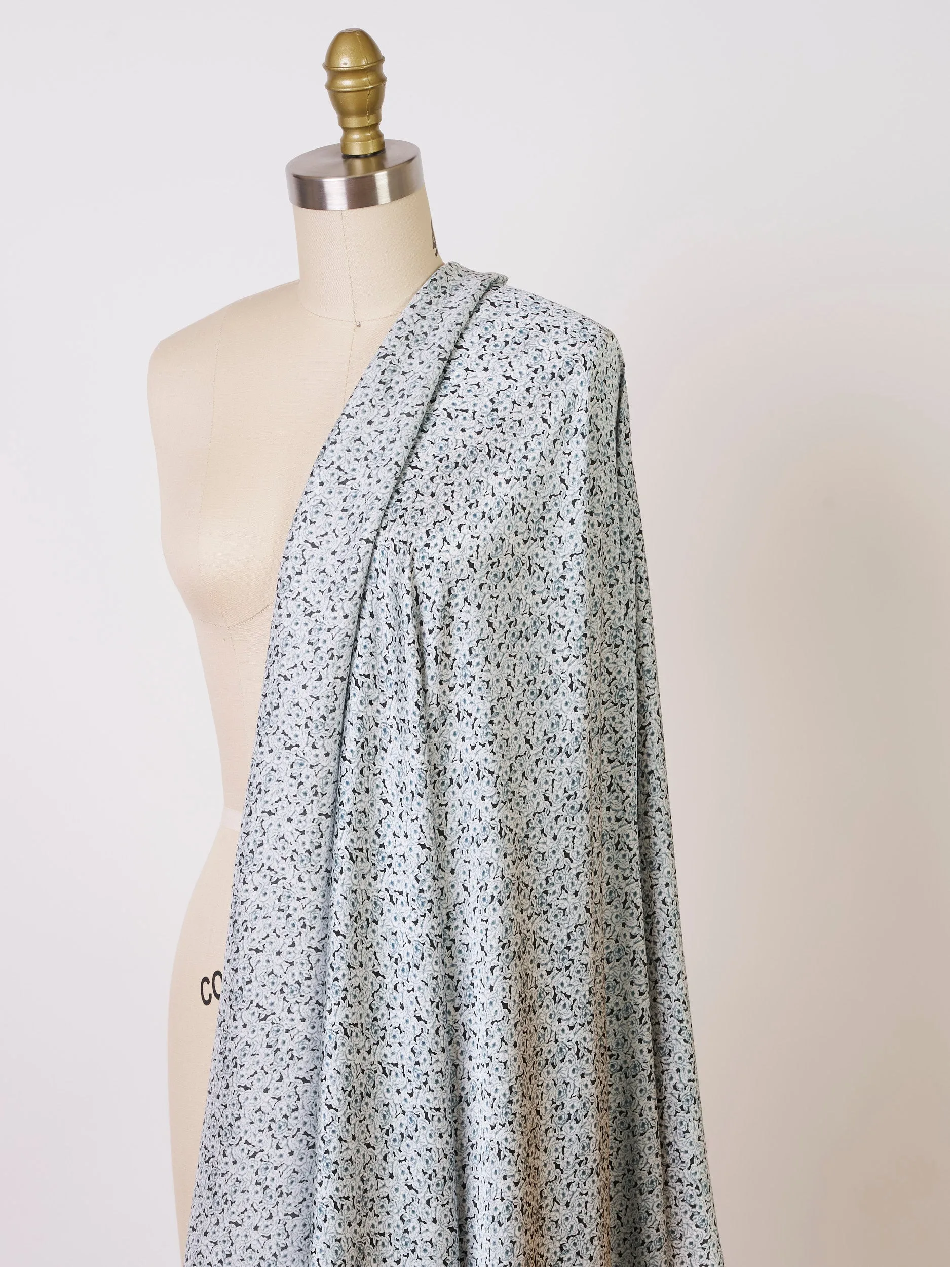 Blue small floral monotone pattern print silky satin Lightweight   fabric -