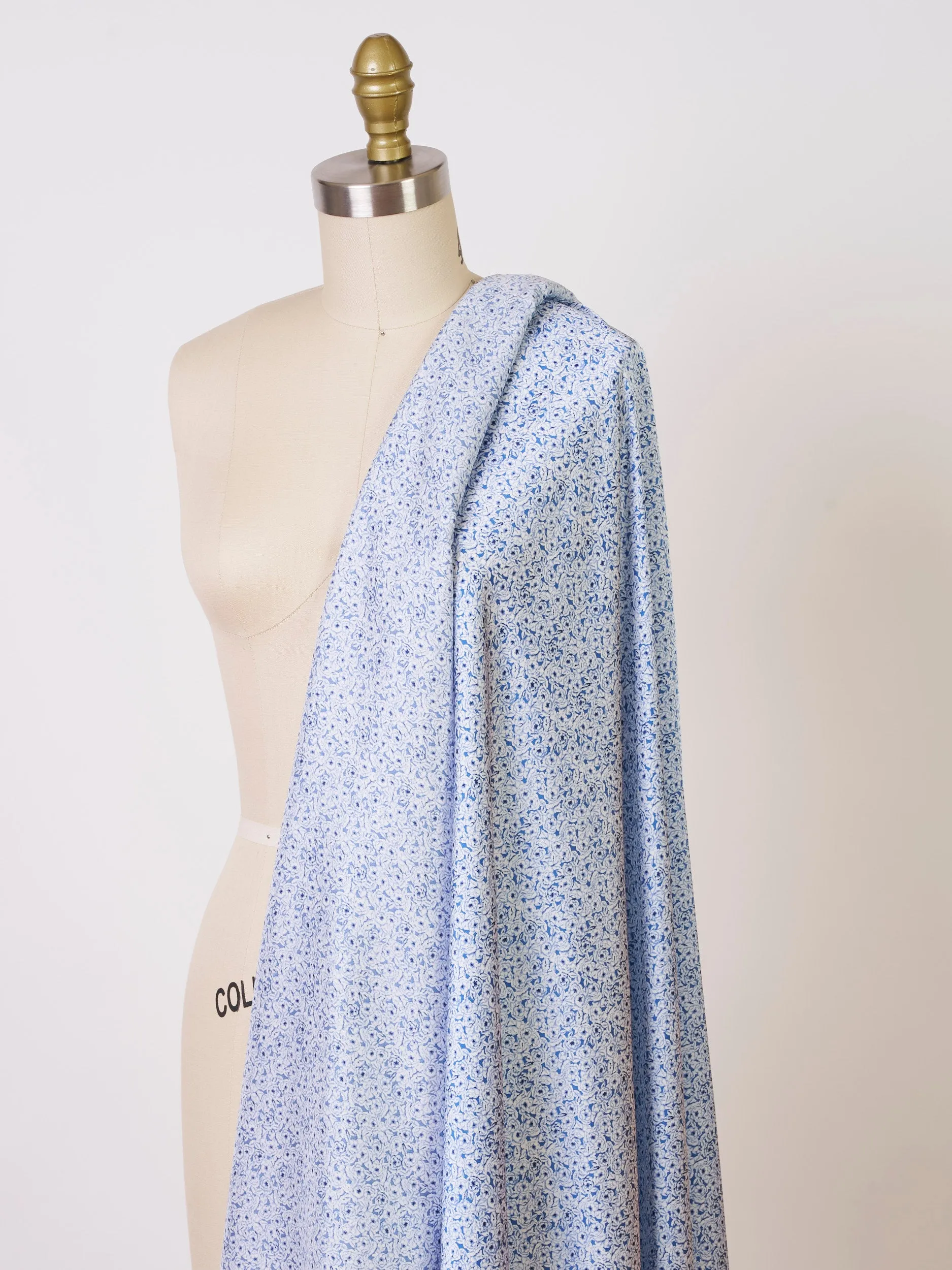 Blue small floral monotone pattern print silky satin Lightweight   fabric -