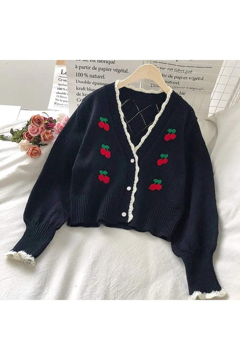 Cherry Embroidered Fall Fall Sweater