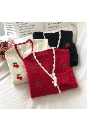 Cherry Embroidered Fall Fall Sweater