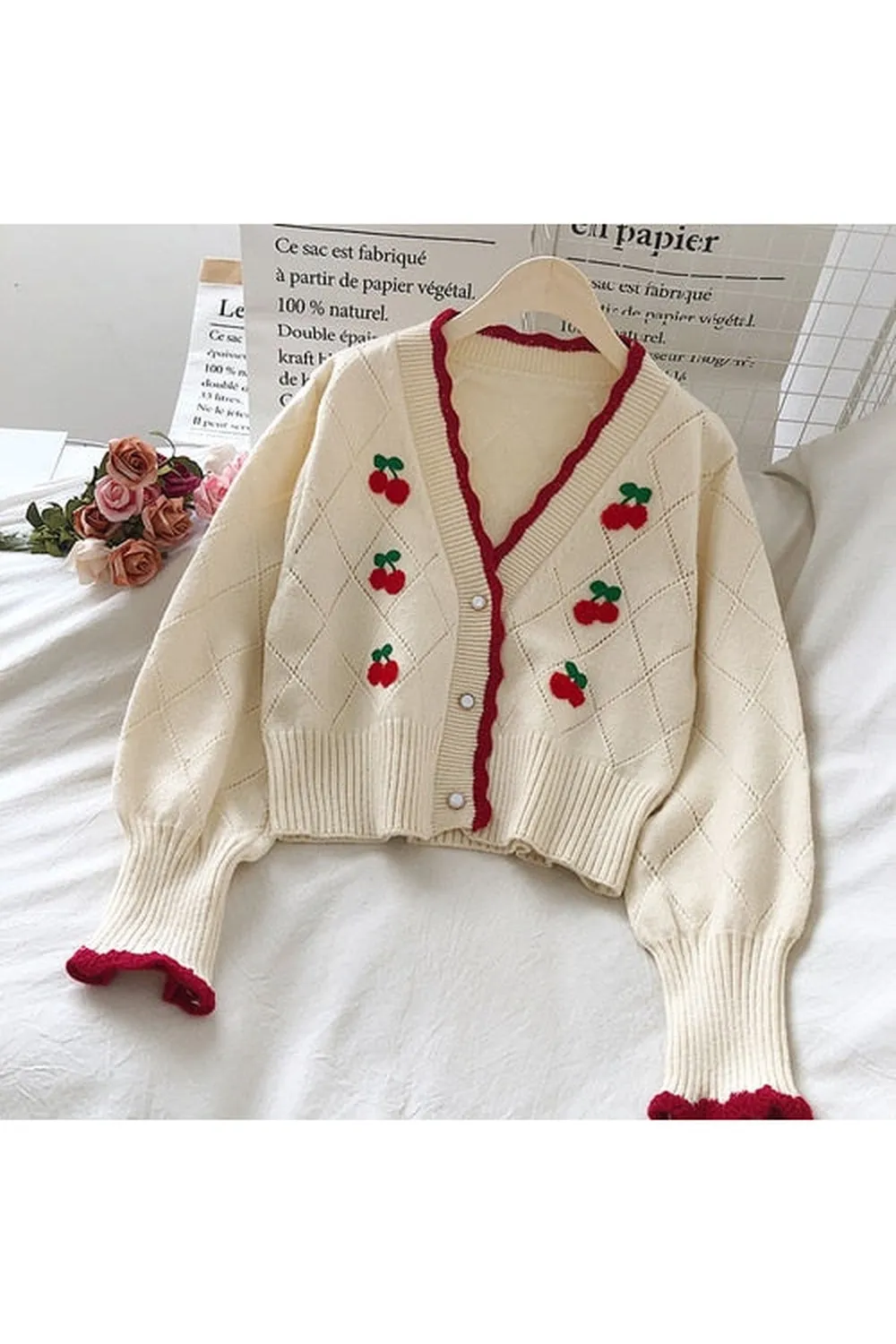 Cherry Embroidered Fall Fall Sweater