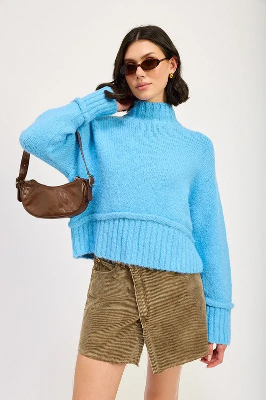 Cozy Light Blue Turtle Neck Sweater with Ribbed Hem