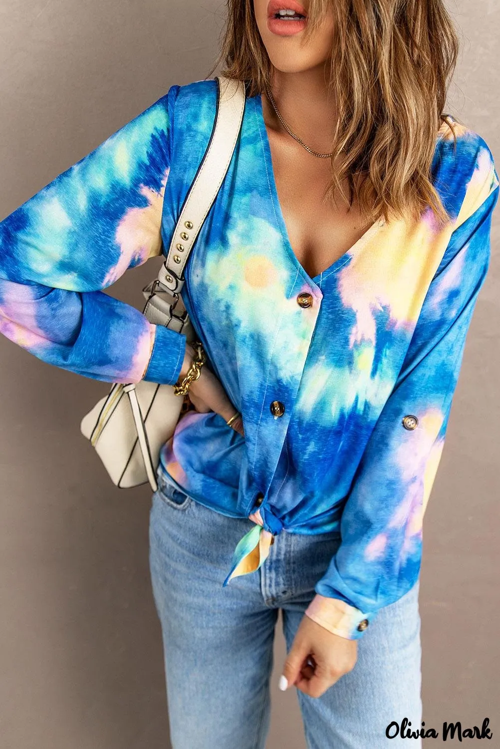 Deanwangkt - Blue Tie-Dye Long Sleeve V-Neck Blouse With Button Closure