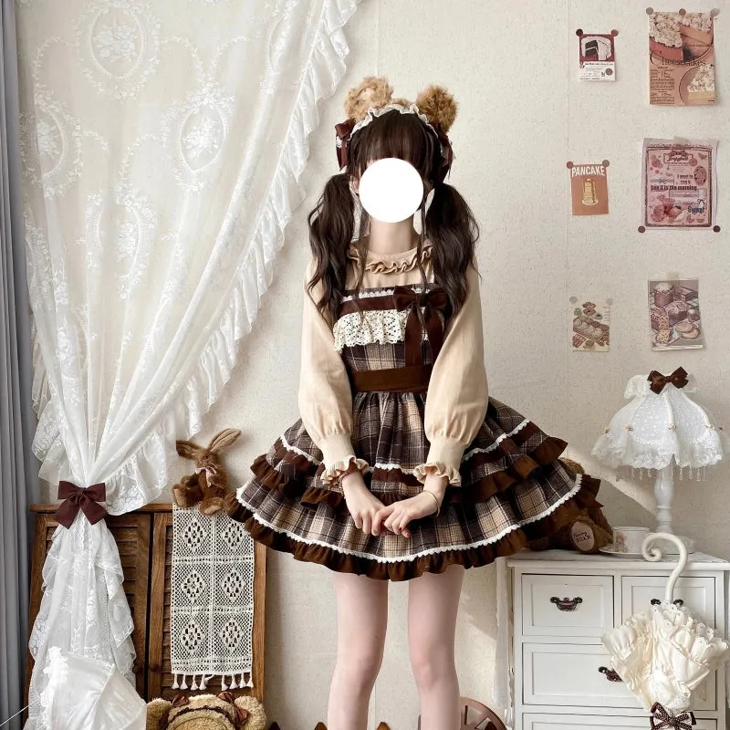 Kawaii coffee-colored plaid Lolita Dress (JSK)