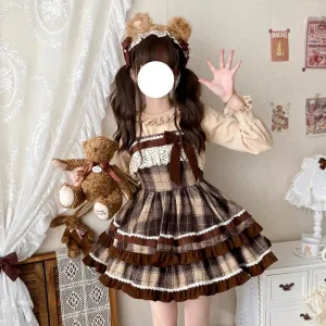 Kawaii coffee-colored plaid Lolita Dress (JSK)