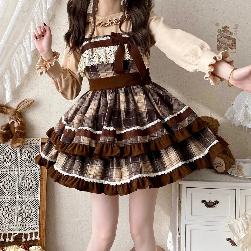 Kawaii coffee-colored plaid Lolita Dress (JSK)
