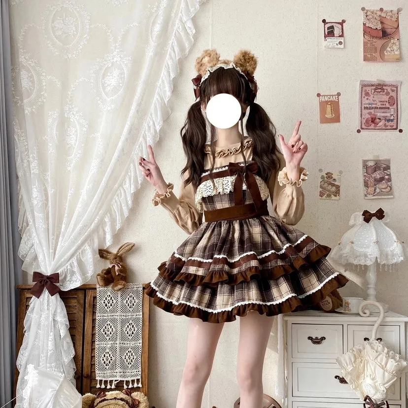 Kawaii coffee-colored plaid Lolita Dress (JSK)