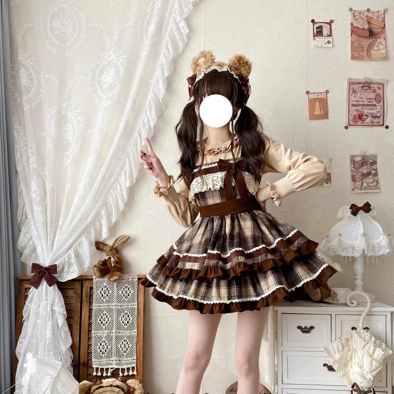 Kawaii coffee-colored plaid Lolita Dress (JSK)