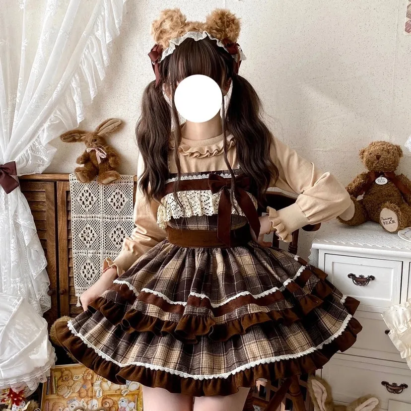 Kawaii coffee-colored plaid Lolita Dress (JSK)