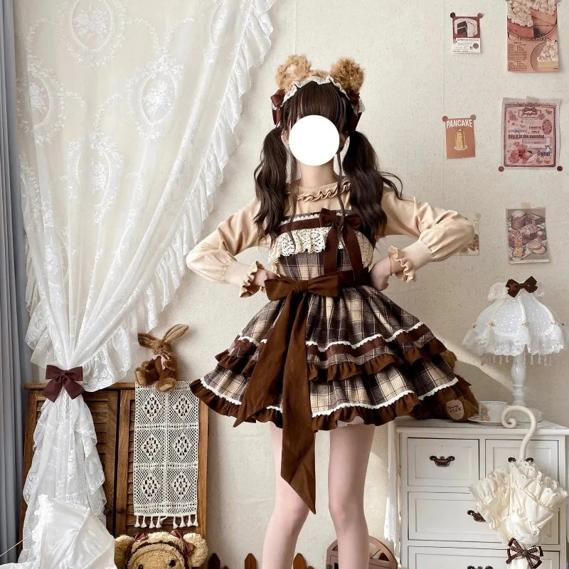 Kawaii coffee-colored plaid Lolita Dress (JSK)