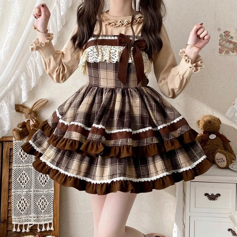 Kawaii coffee-colored plaid Lolita Dress (JSK)
