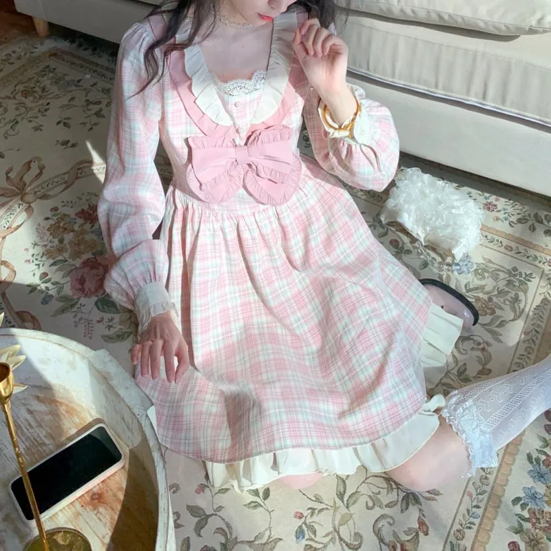 Kawaii Sweet Pink Plaid Lolita Dress