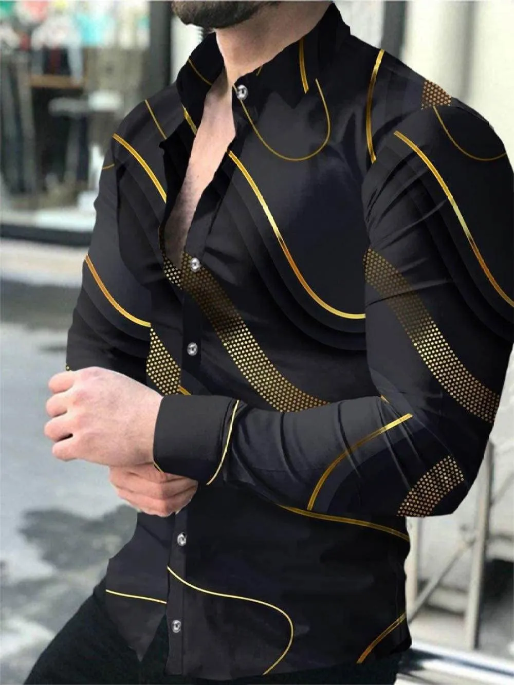 Men'S Long Sleeve Printed Shirt,Mens Button Down Shirts Golden Lines Pattern Shirt     S443980