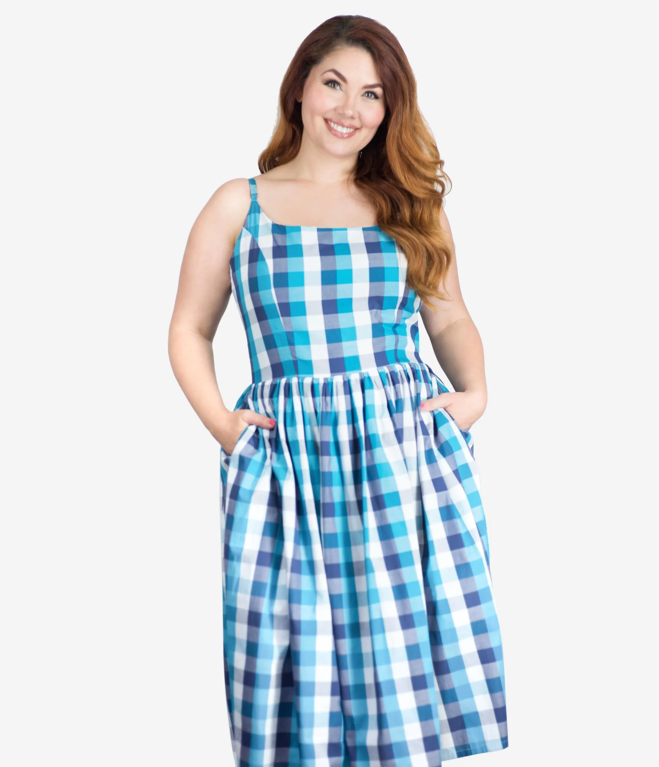 Plus Size 1950s Blue Picnic Plaid Sandra Swing Dress