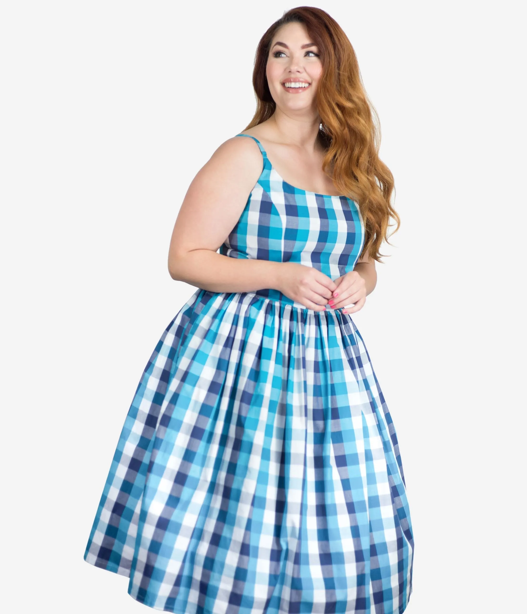 Plus Size 1950s Blue Picnic Plaid Sandra Swing Dress