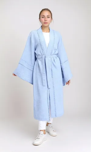 R207249 - Wide Long Sleeves Textured Cardigan - Light Blue