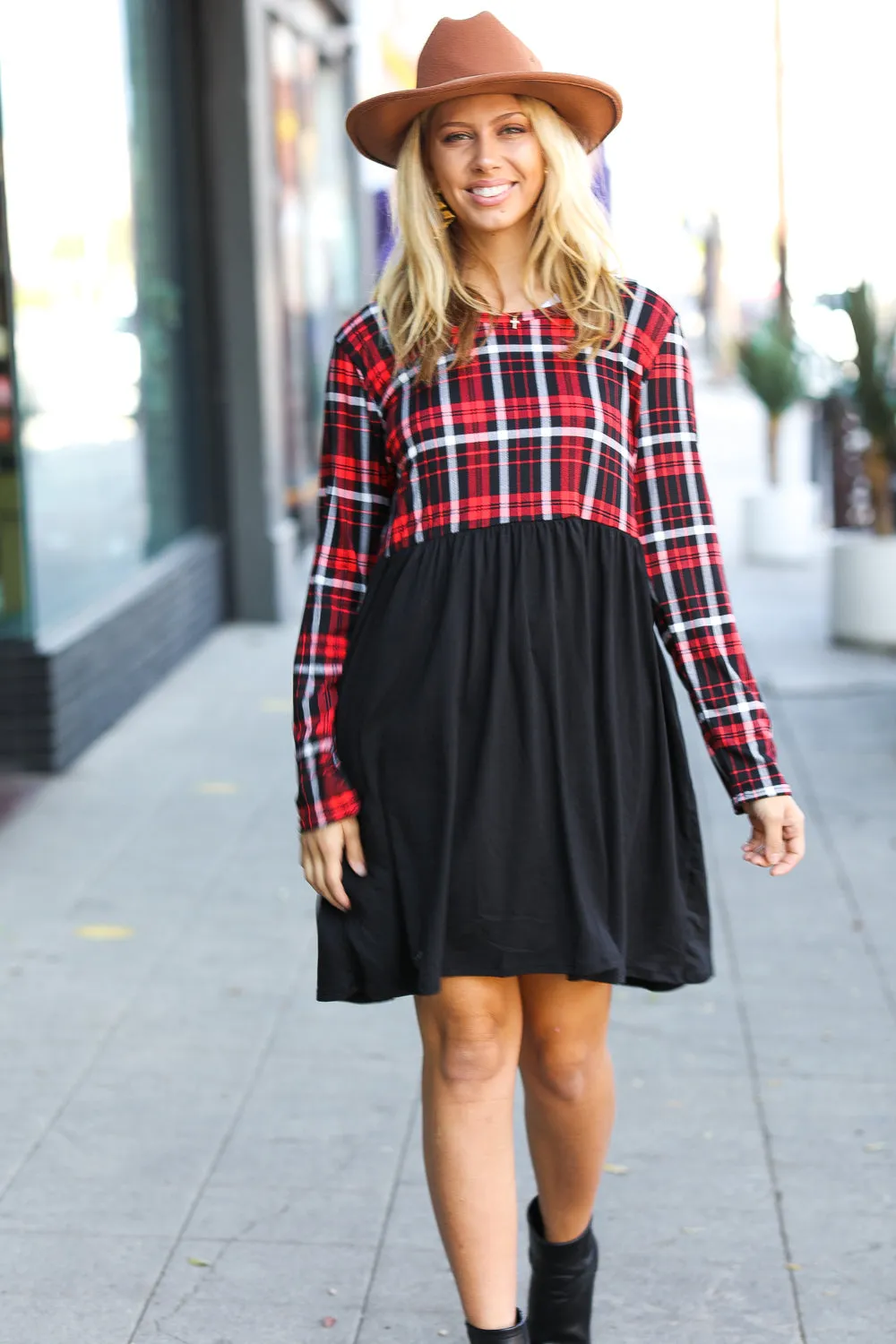 Red Plaid Black Long Sleeve Babydoll Dress