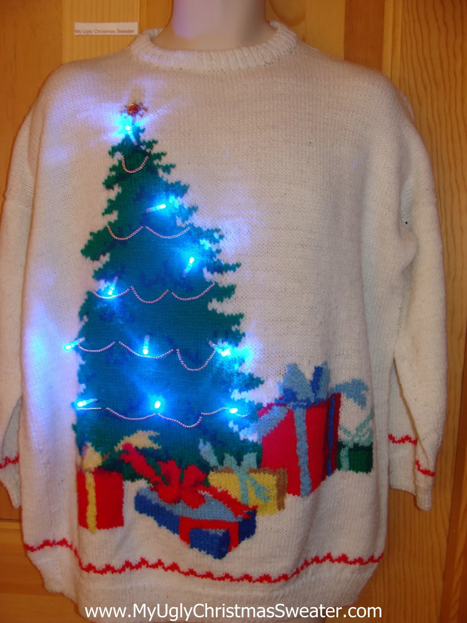 Tacky Light Up Christmas Sweater 80s Tree with Gifts
